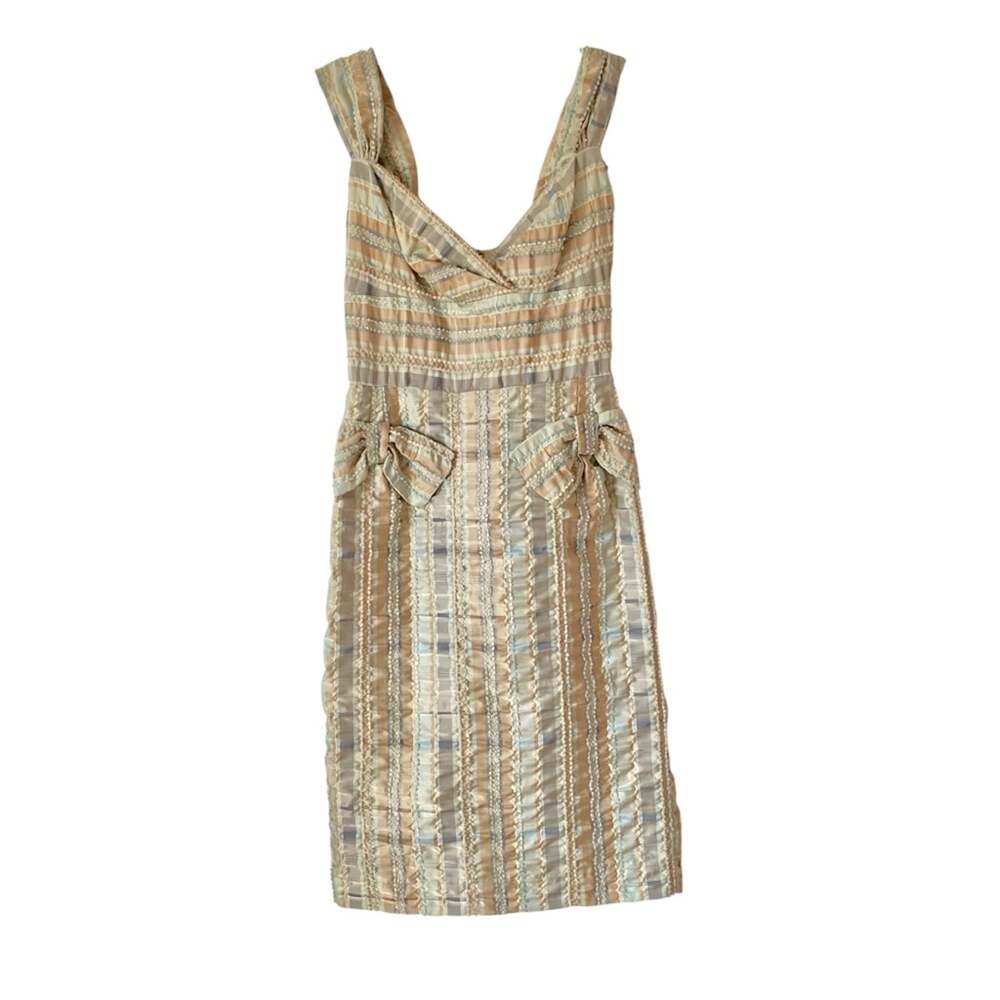 James Coviello NWTs Vintage Plaid Bow Front Pockets dress size 8 Tan Blue